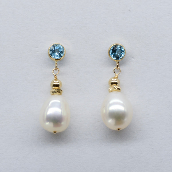 'Bespoke' Swiss Blue Topaz & Pearl Drop Earrings | 3.50ctw, 0.60ctw |