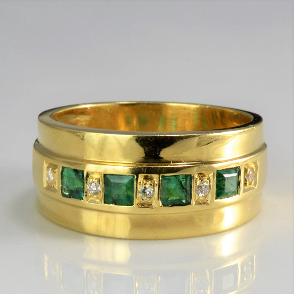 Bezel Set Emerald & Diamond Wide Band | 0.05 ctw, SZ 7 |