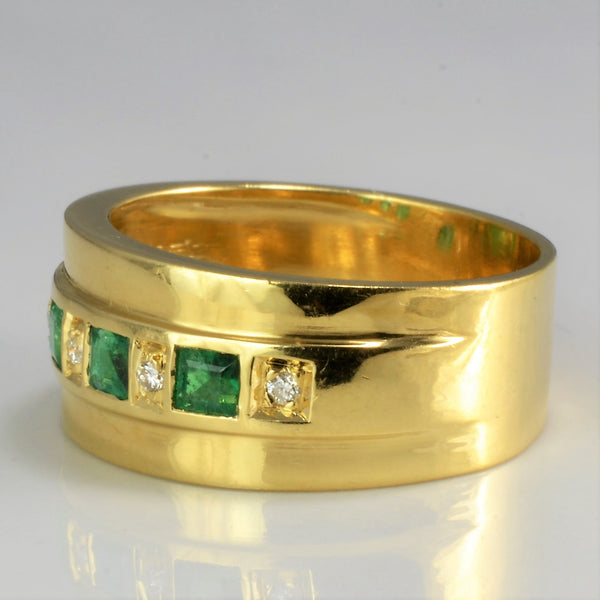 Bezel Set Emerald & Diamond Wide Band | 0.05 ctw, SZ 7 |