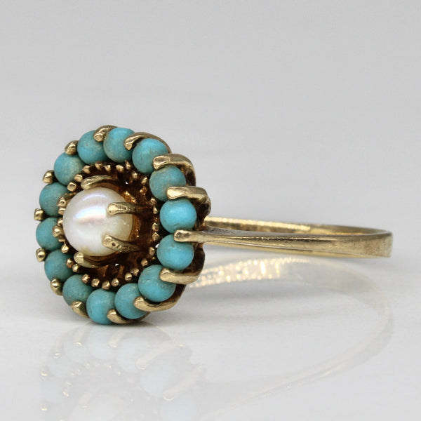 High Set Turquoise & Pearl Halo Ring | 0.63ctw | SZ 7 |