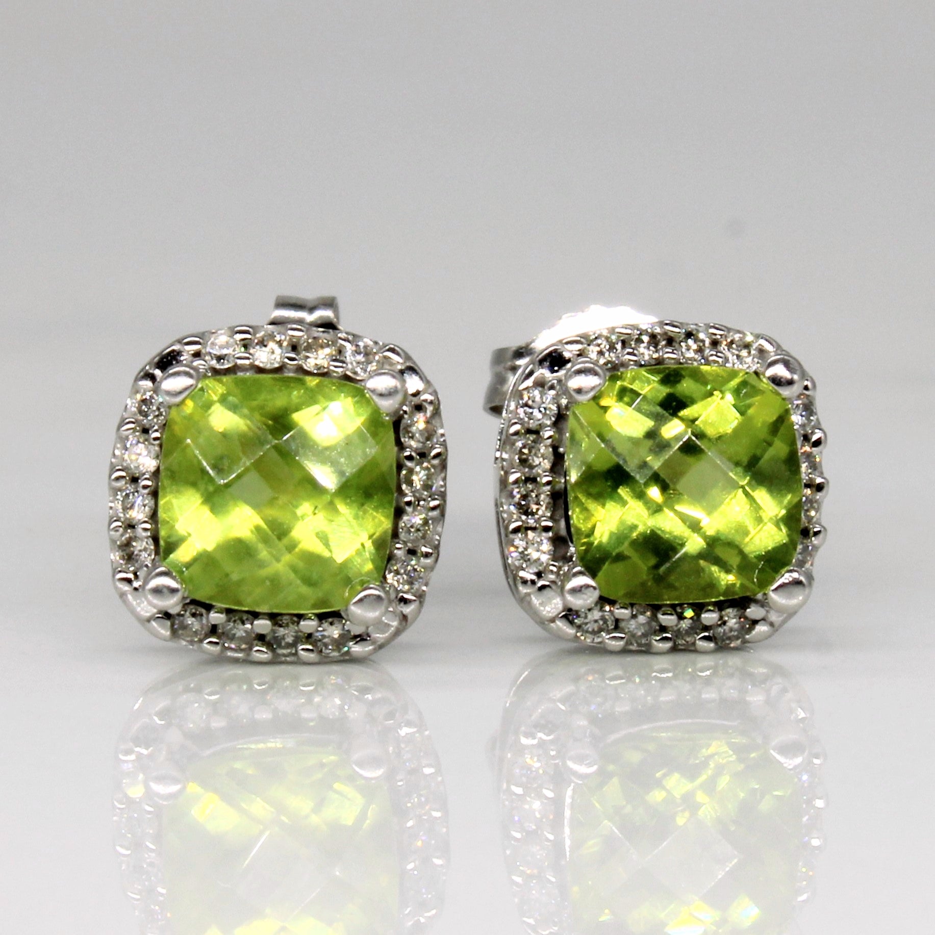 Peridot & Diamond Halo Earrings | 2.00ctw, 0.16ctw |